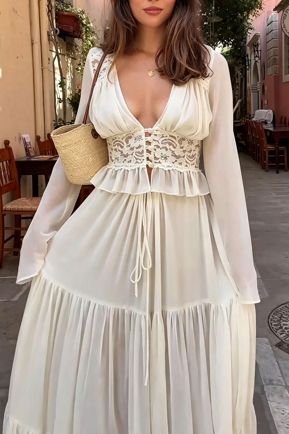 Lace Chiffon Long Sleeve Top And Midi Skirt Matching Outfit
