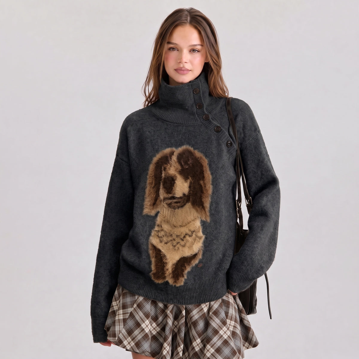 Pull en maille oversize LikeMyChoice pour femme, motif chien, col roulé asymétrique à boutons, imprimé chiot duveteux, pull décontracté d’automne