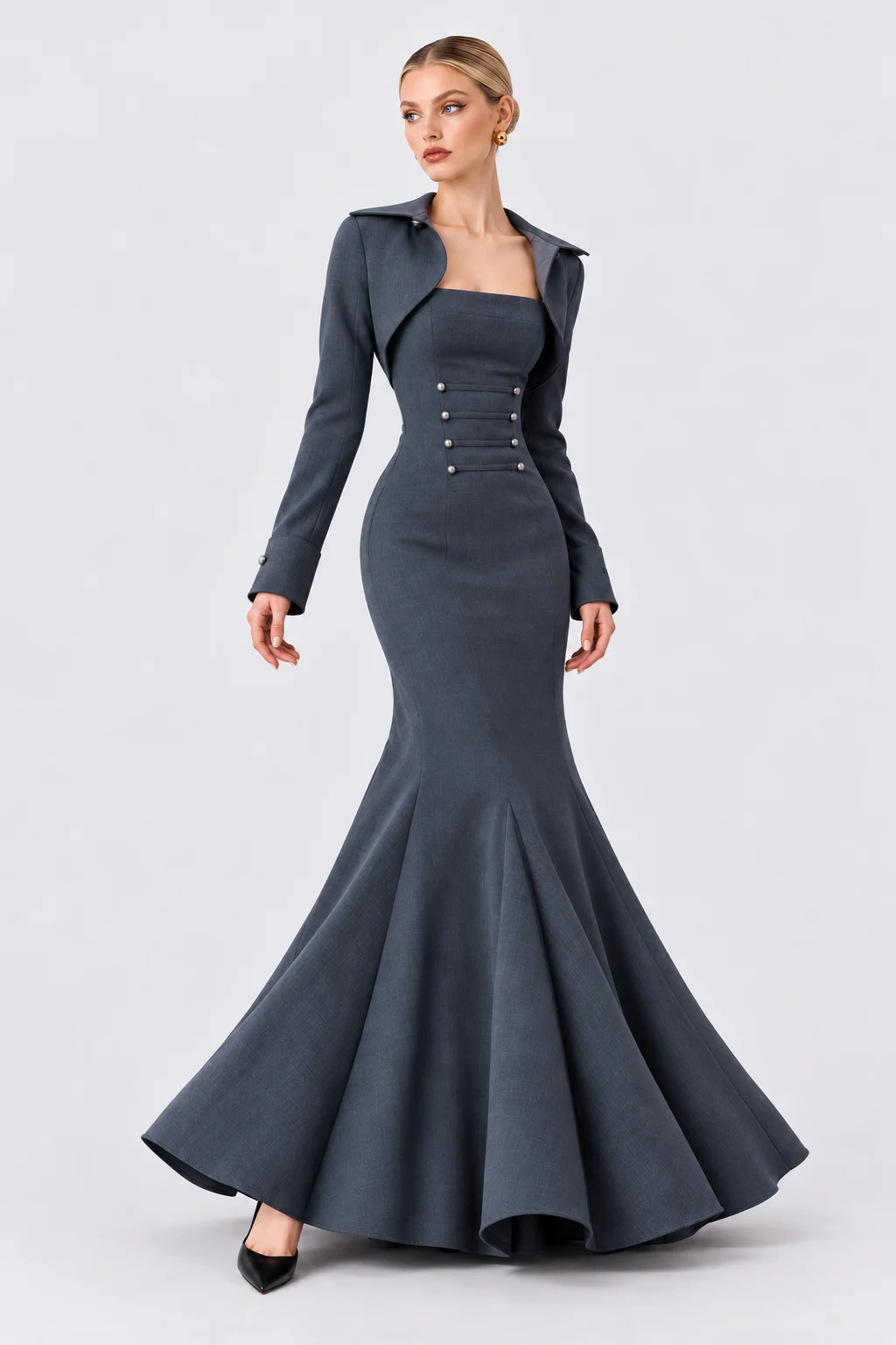 Charcoal Grey Cropped Bolero Jacket and Mermaid Maxi Dress Two Piece Set