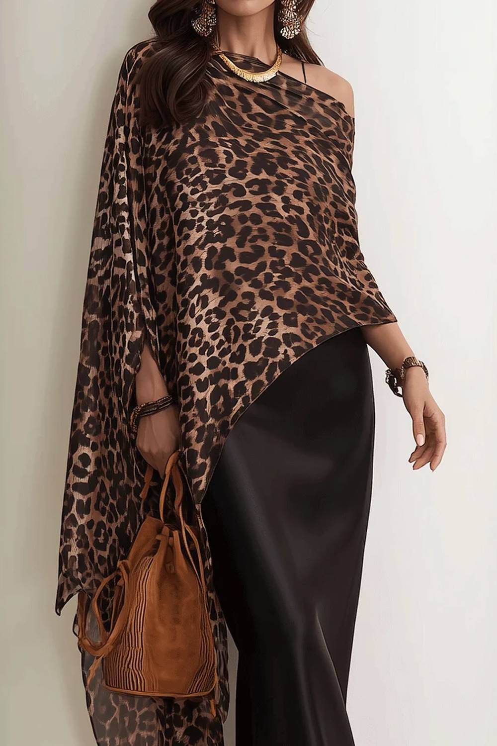 Conjunto de vestido de satén tipo poncho con estampado de leopardo y drapeado