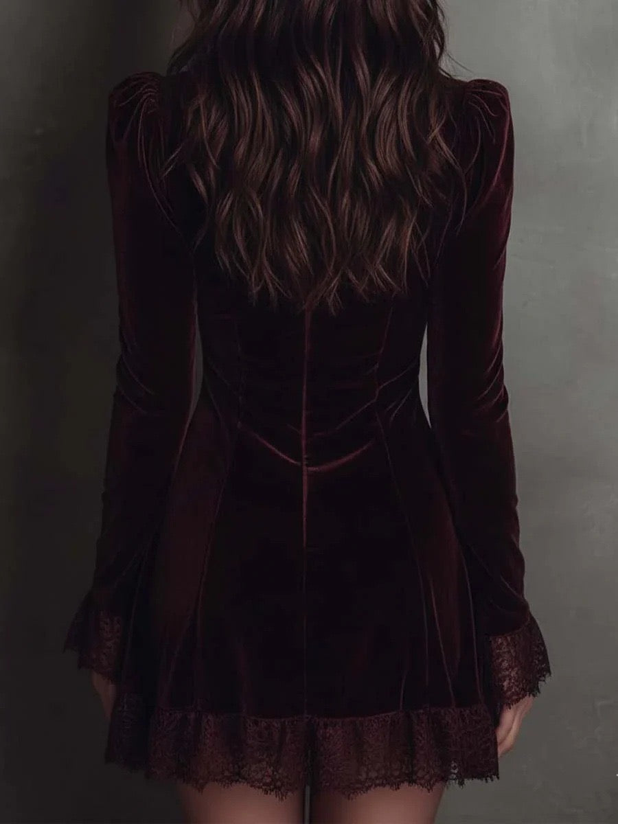 Burgundy Velvet Lace Trim Mini Skirt-Deep V-Neck Long Sleeve Slim Dress
