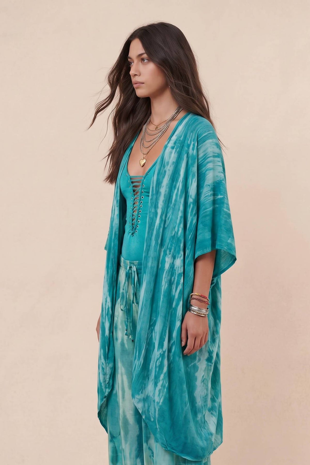 Printed Cardigan And Wide Leg Pants Set