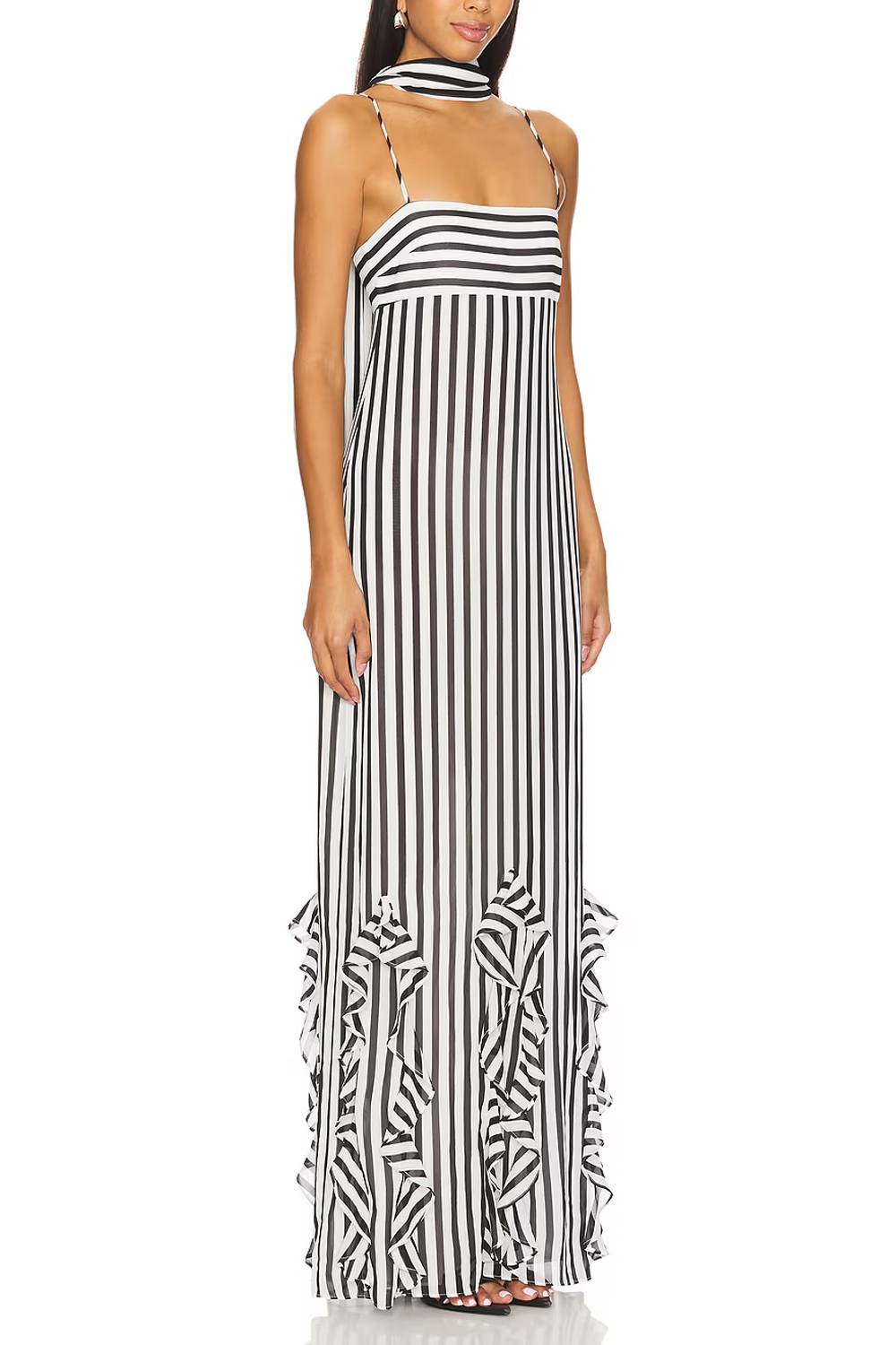 Vestido largo de vacaciones a rayas, con tirantes y volantes