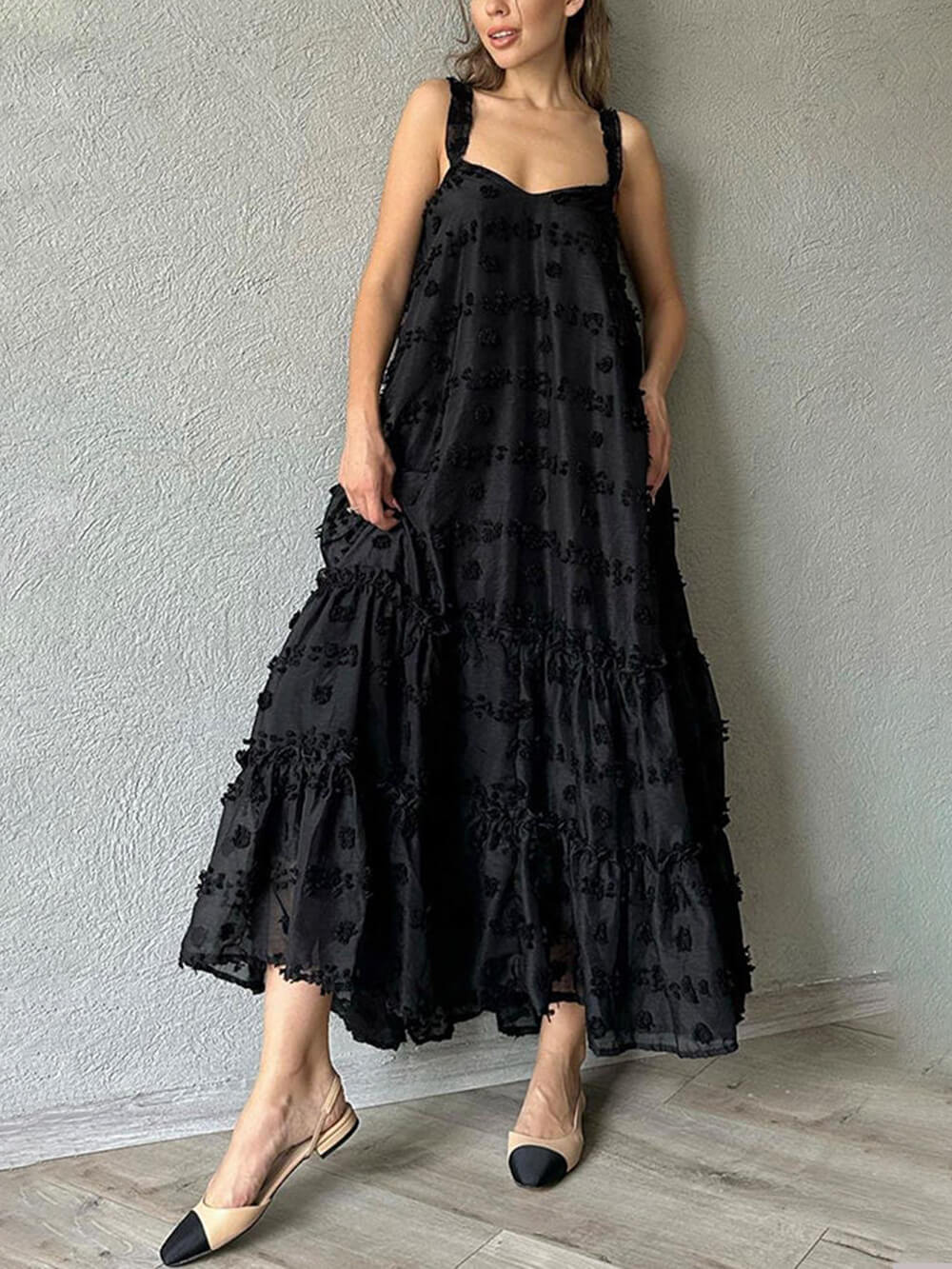 Vestido largo holgado en capas y línea A, decorado con flores bonitas