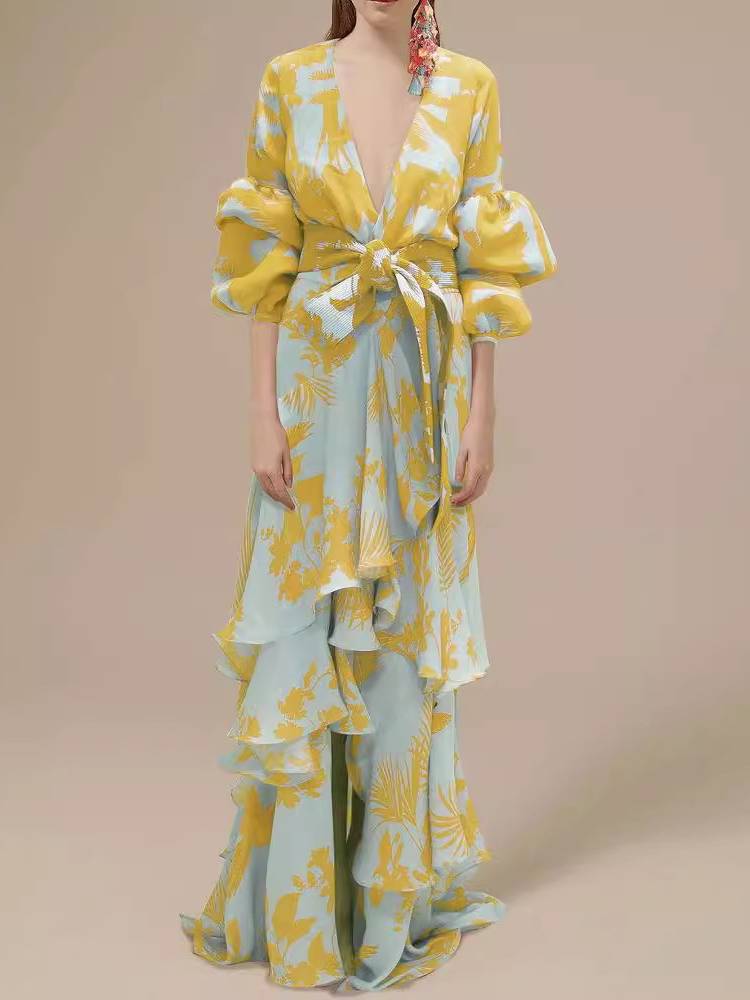 Unique Print Deep V Neck Dress