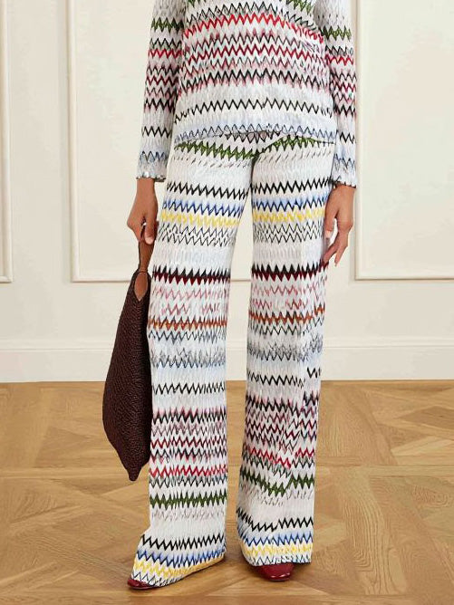 Set di due pezzi con top a maniche lunghe con stampa geometrica a zigzag e pantaloni a gamba larga