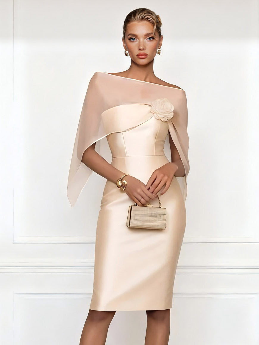 Asymmetrical One-Shoulder Sheer Shawl Satin Midi Dress