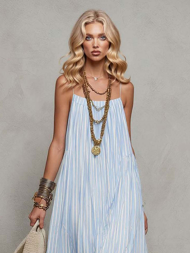 Maxi abito casual a righe con spalline sottili e balze