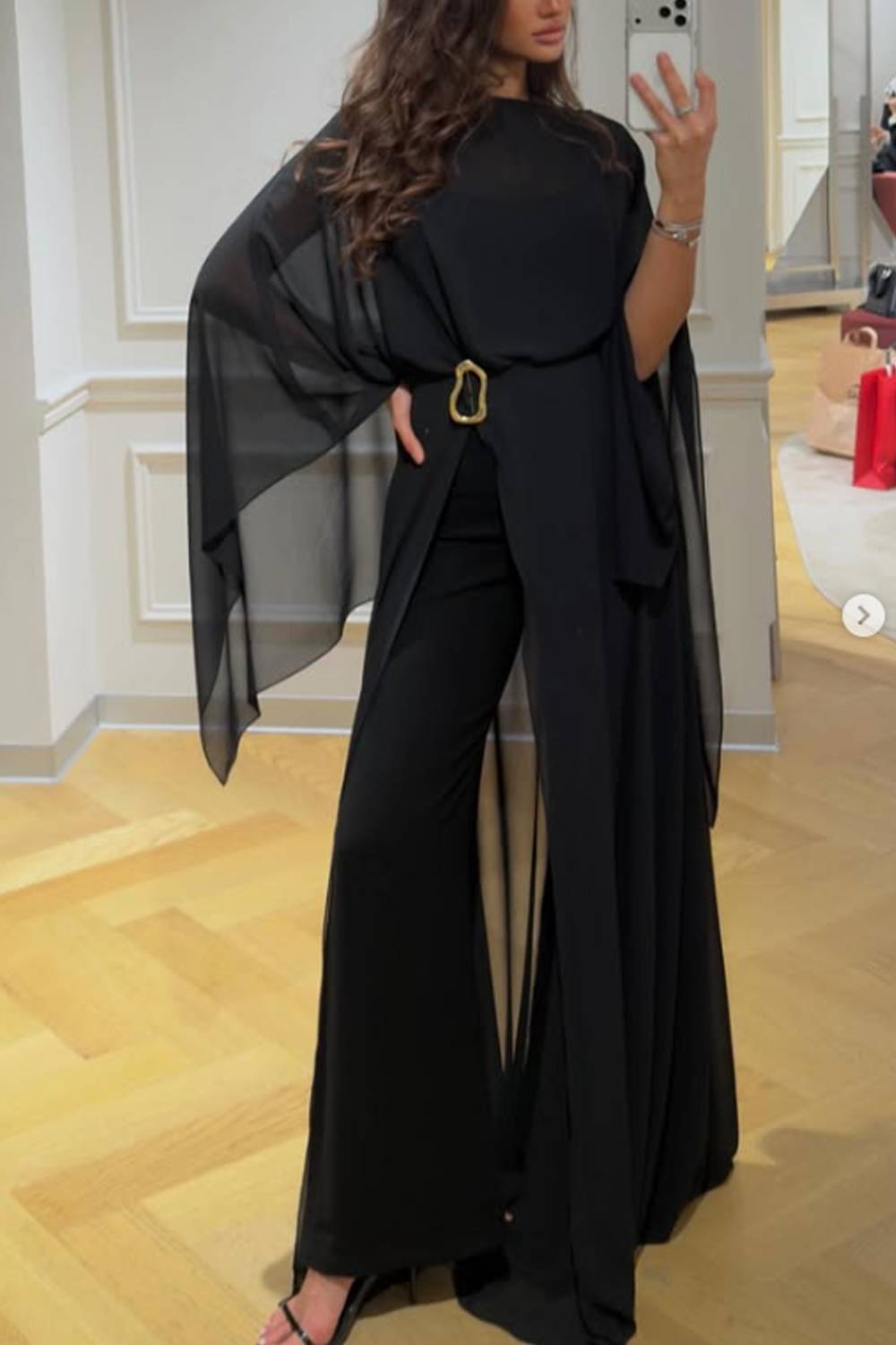 Cape‑Sleeve Chiffon Overlay Top & High‑Waist Flare Pants Two‑Piece Set