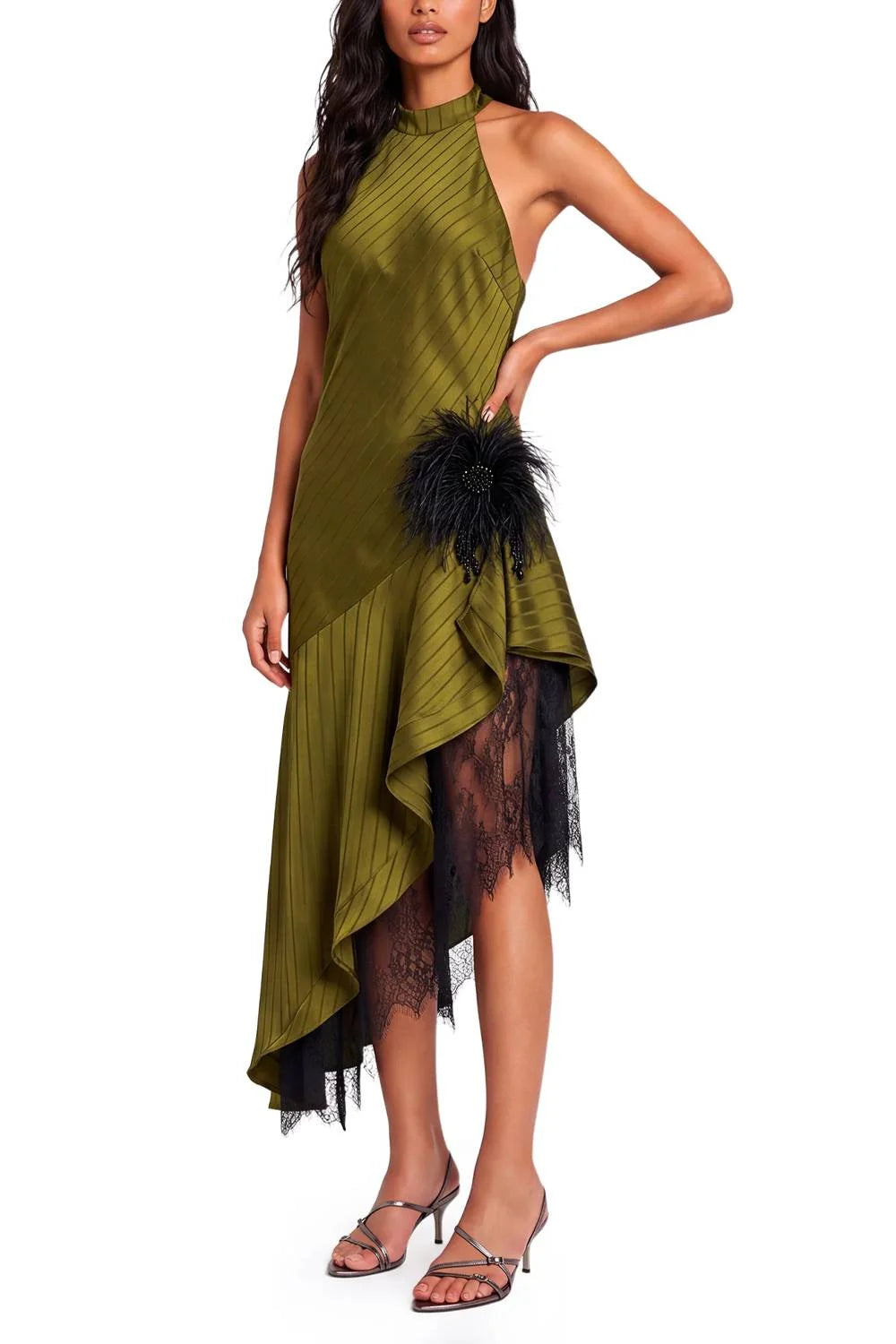 Olive Green Striped Satin Halter Maxi Dress with Feather and Lace Trim