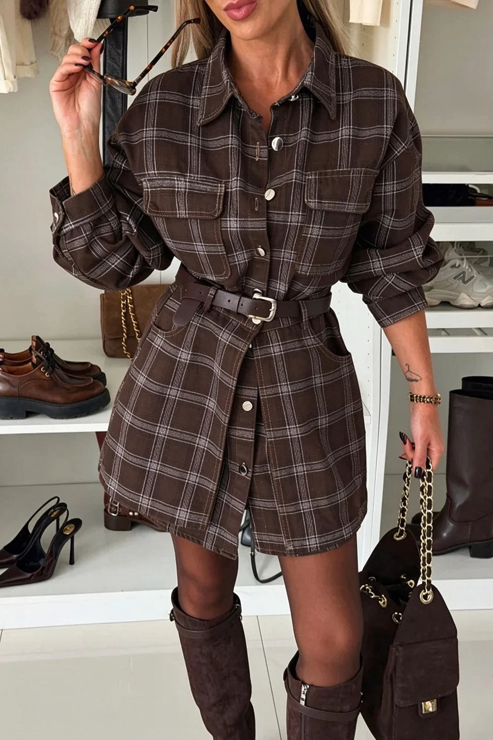 Vintage Brown Plaid Long Sleeve Button Down Shirt and Mini Skirt Two Piece Set