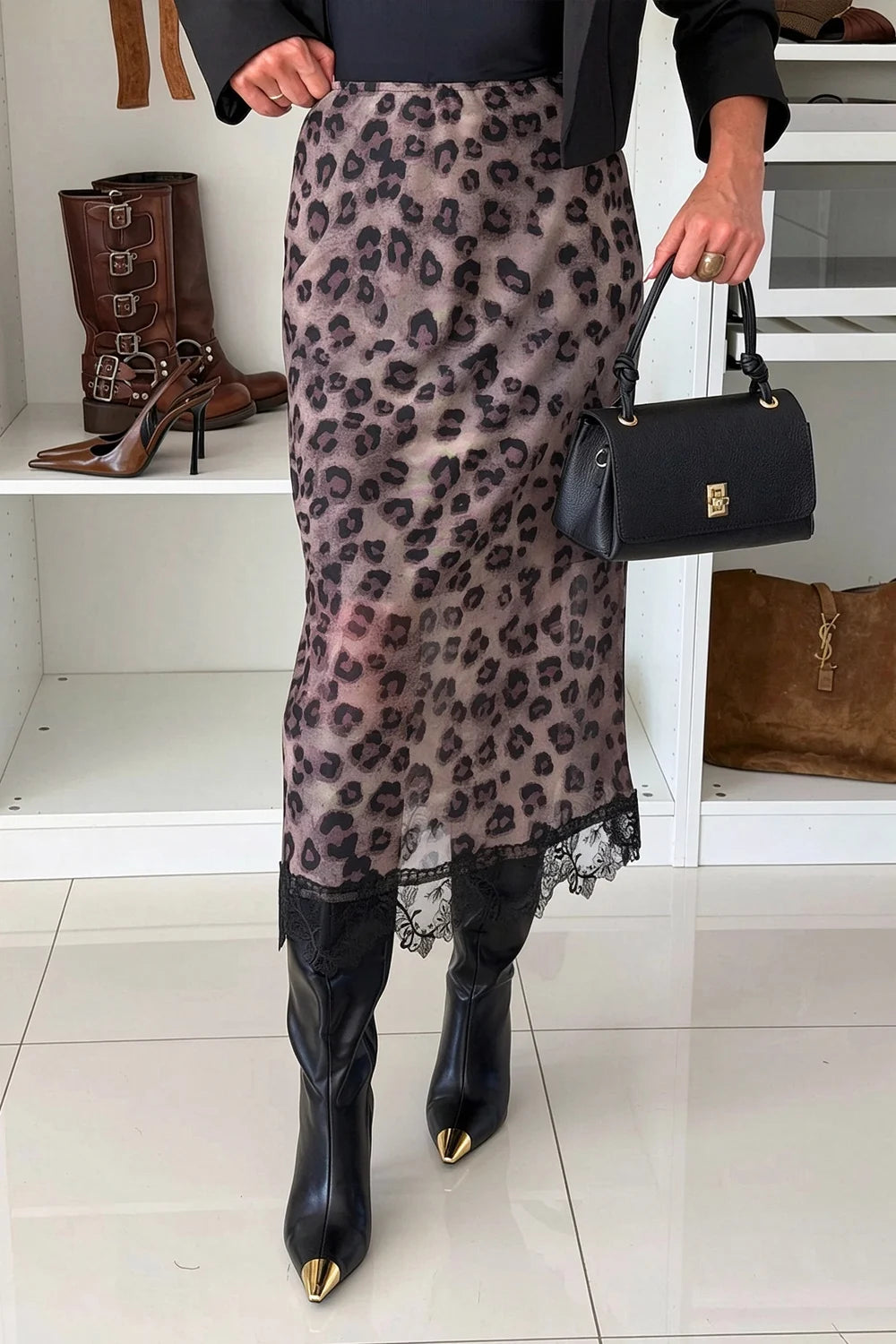 Cropped Blazer and Leopard Print Lace Hem Midi Skirt Two Piece Set