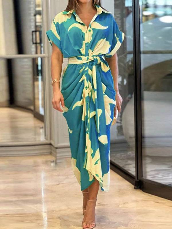 V-Neck Pleated Belt Short Sleeve Dress
