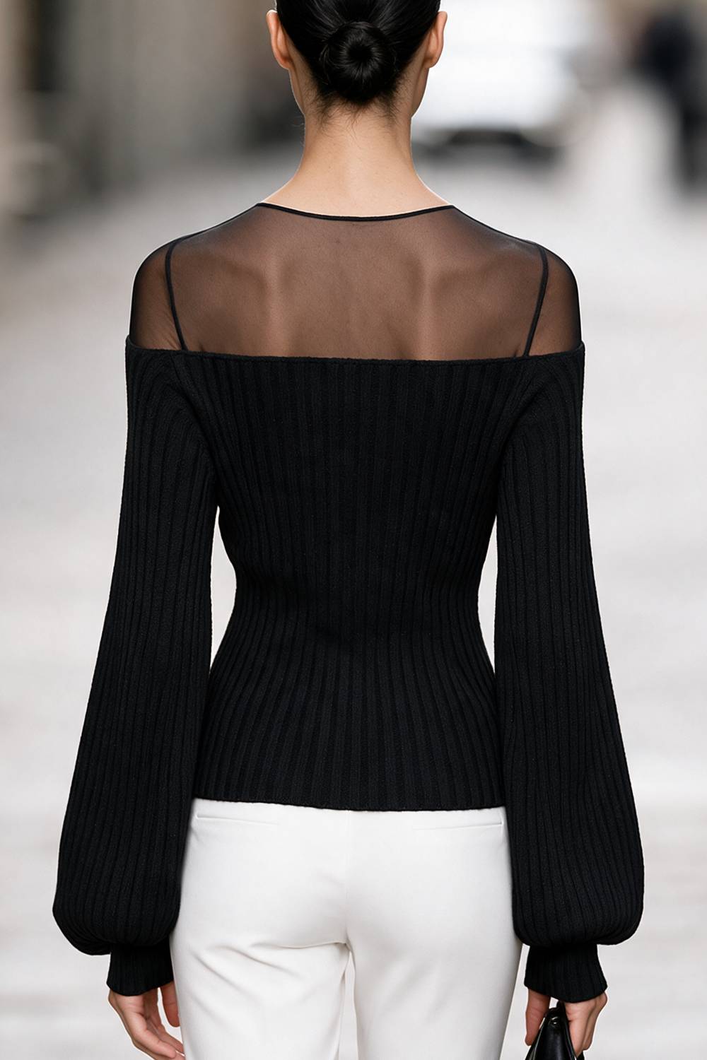 Sheer Mesh Neck Twist Front Off Shoulder Bishop Long Sleeve Knit Top