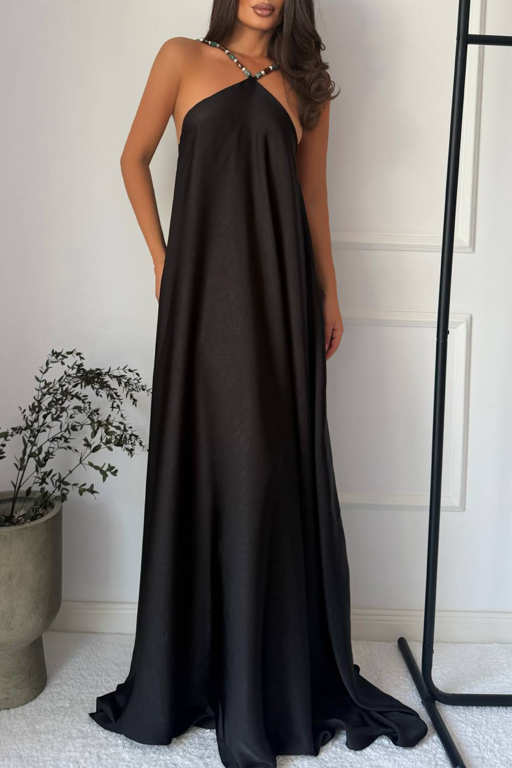 Beaded Halter Neck Sleeveless Loose Maxi Dress
