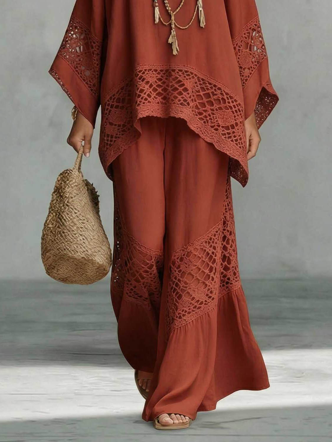 Casual completo a due pezzi con top kaftano ampio in pizzo all'uncinetto