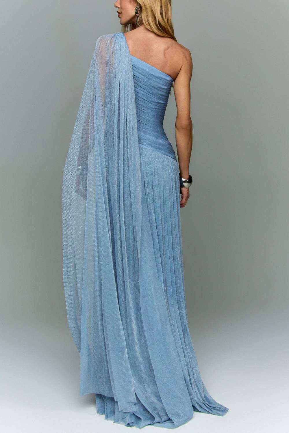 Strapless Ruched Cape Sleeve Maxi Evening Dress