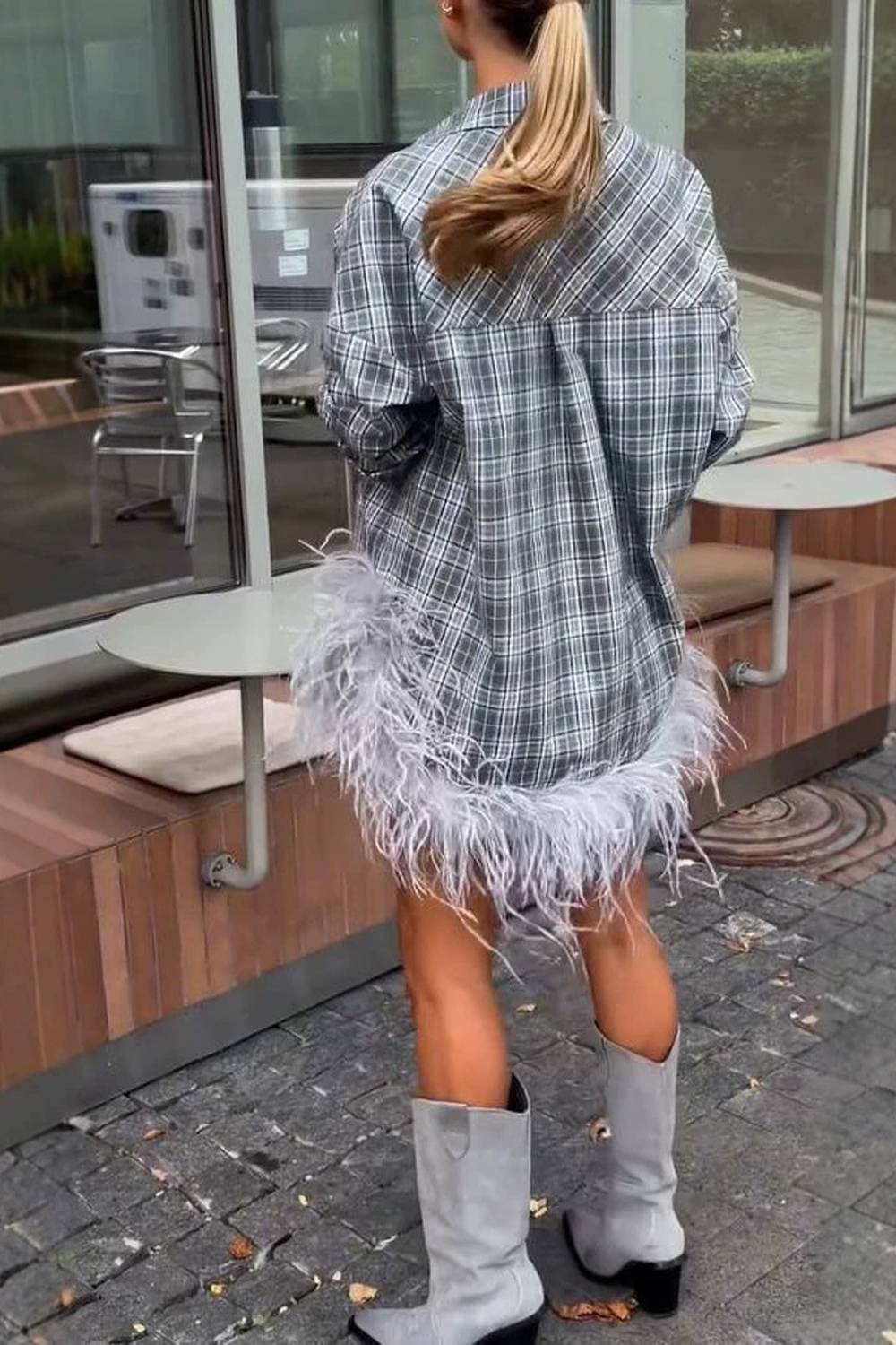 Women Oversized Plaid Shirt Mini Dress With Feather Hem
