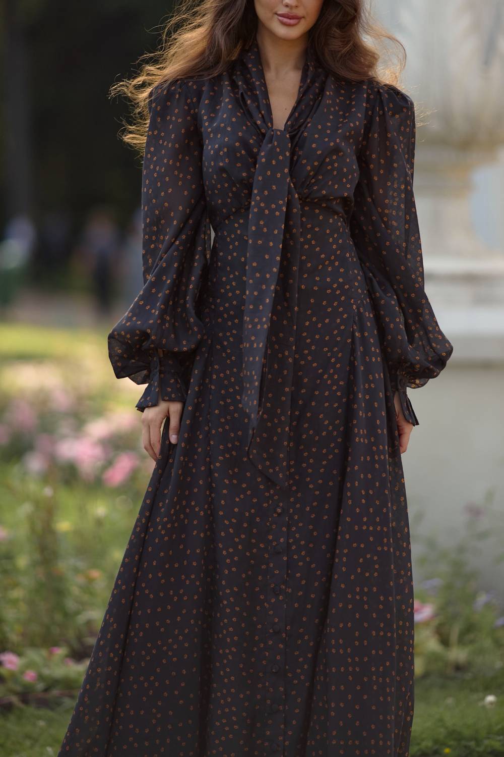Tie‑Neck Balloon Sleeve Polka Dot Button Front Ruffle Maxi Dress