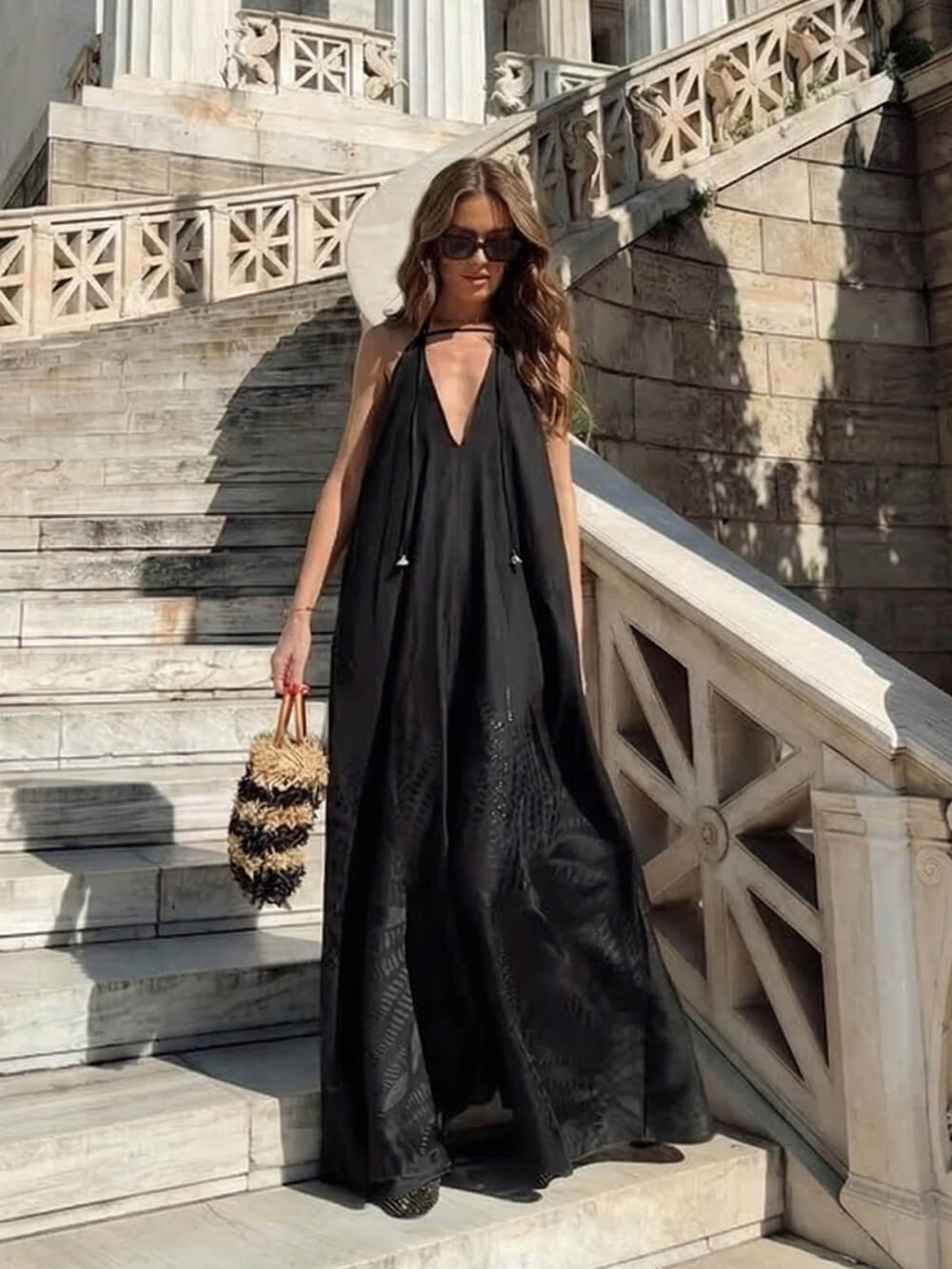 Robe longue bohème en jacquard, dos nu et bretelles spaghetti