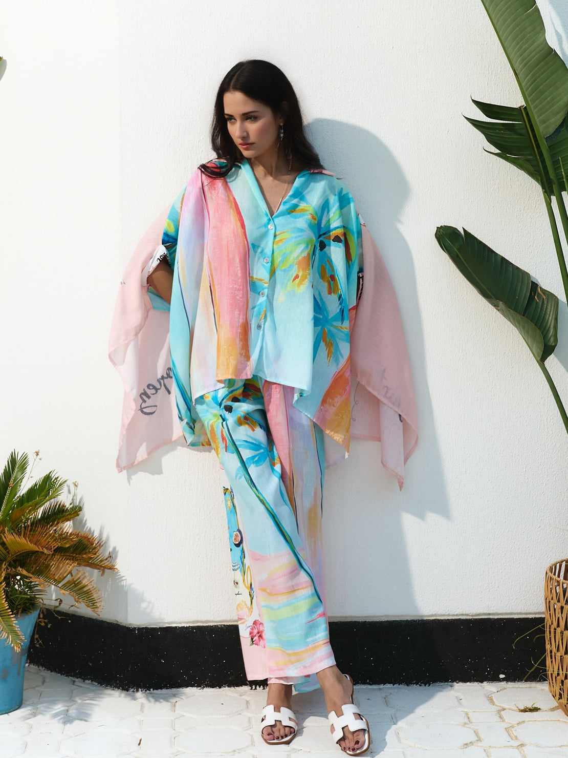 Unique oil painting coconut tree print bat sleeve shirt