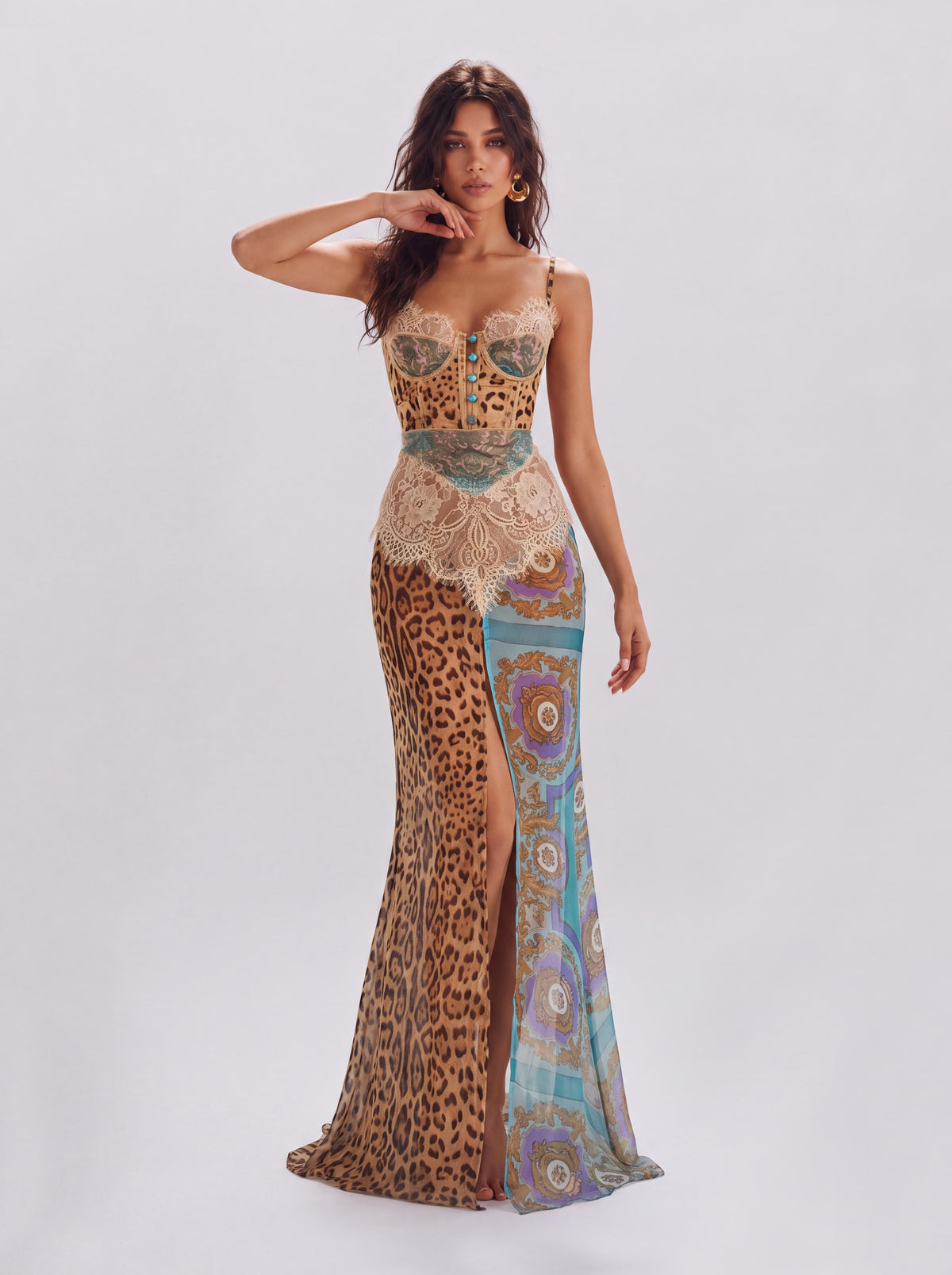 Lace Waist Leopard Print Vintage Patchwork High Split Perspective Long Slip Dress