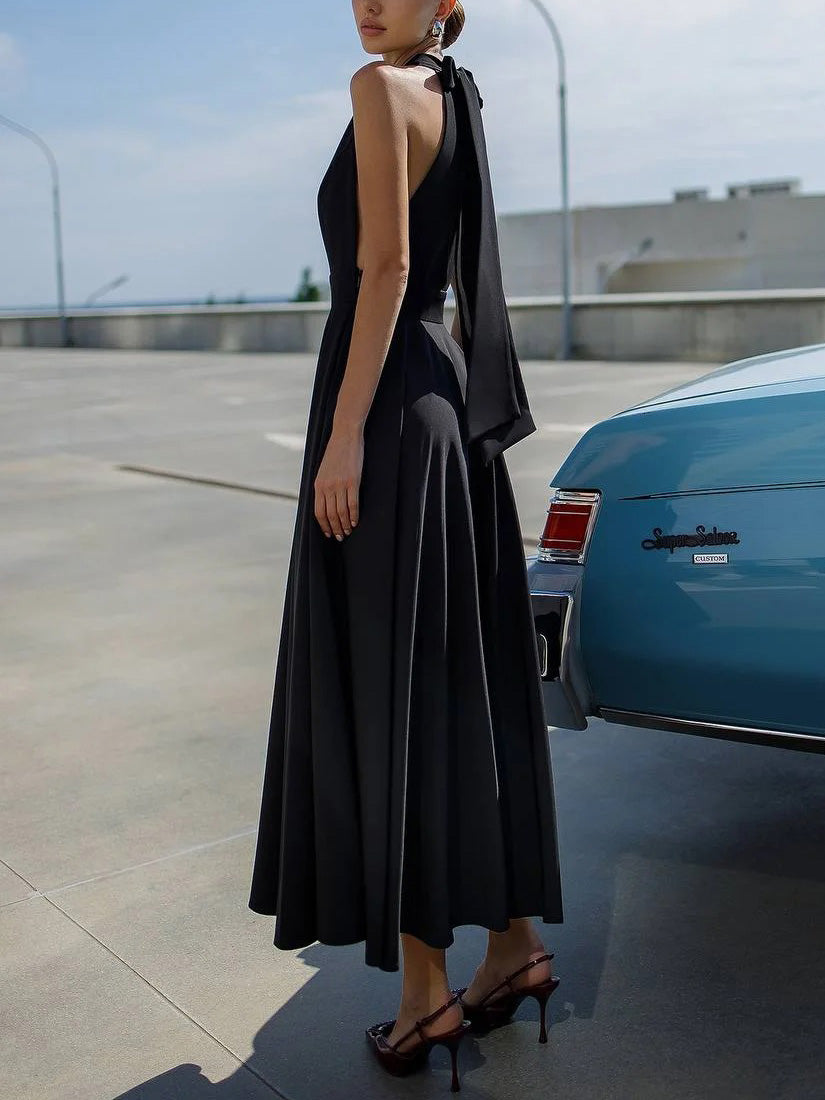 Elegant Halter Neck A-Line Midi Dress