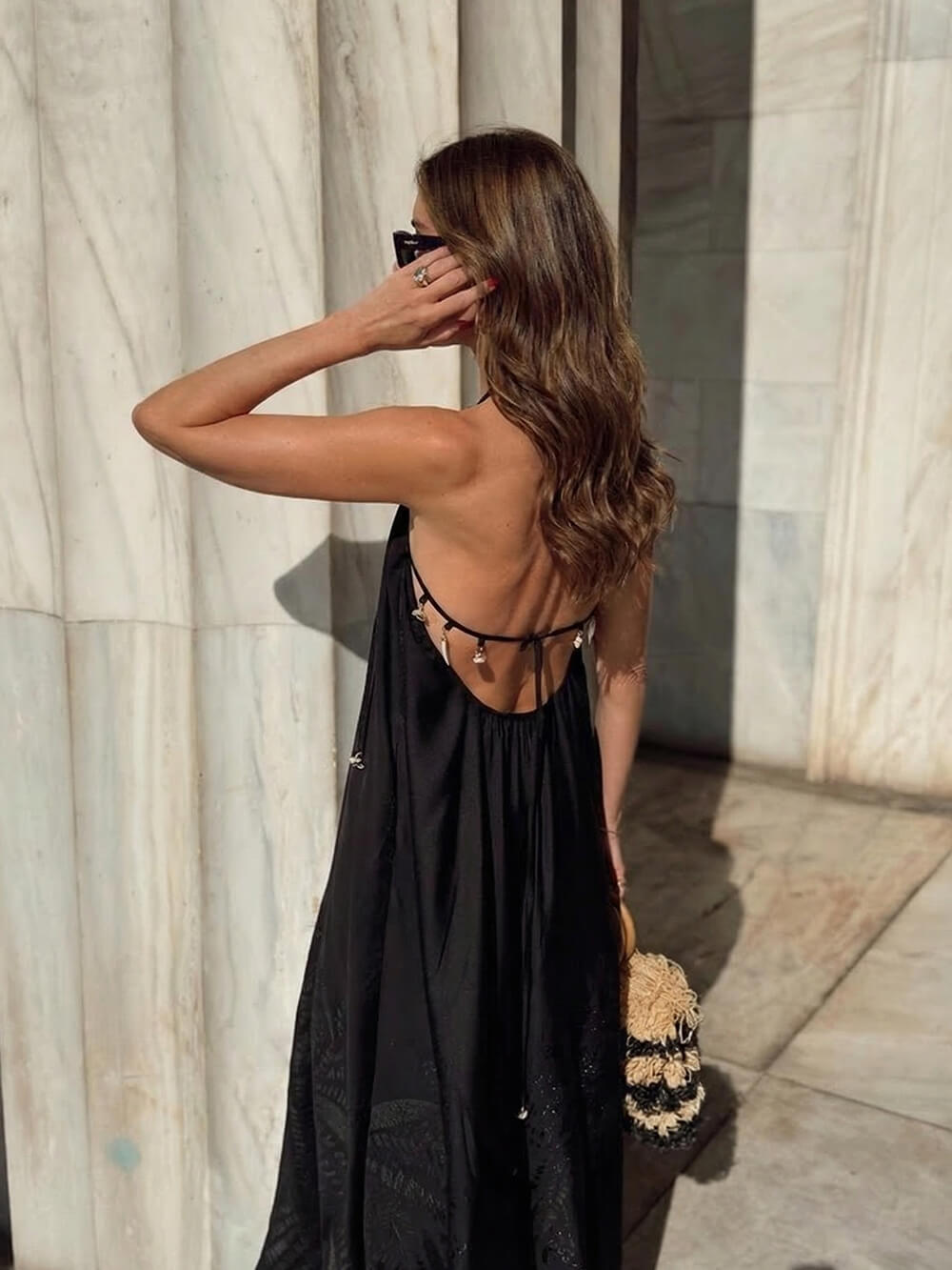 Robe longue bohème en jacquard, dos nu et bretelles spaghetti