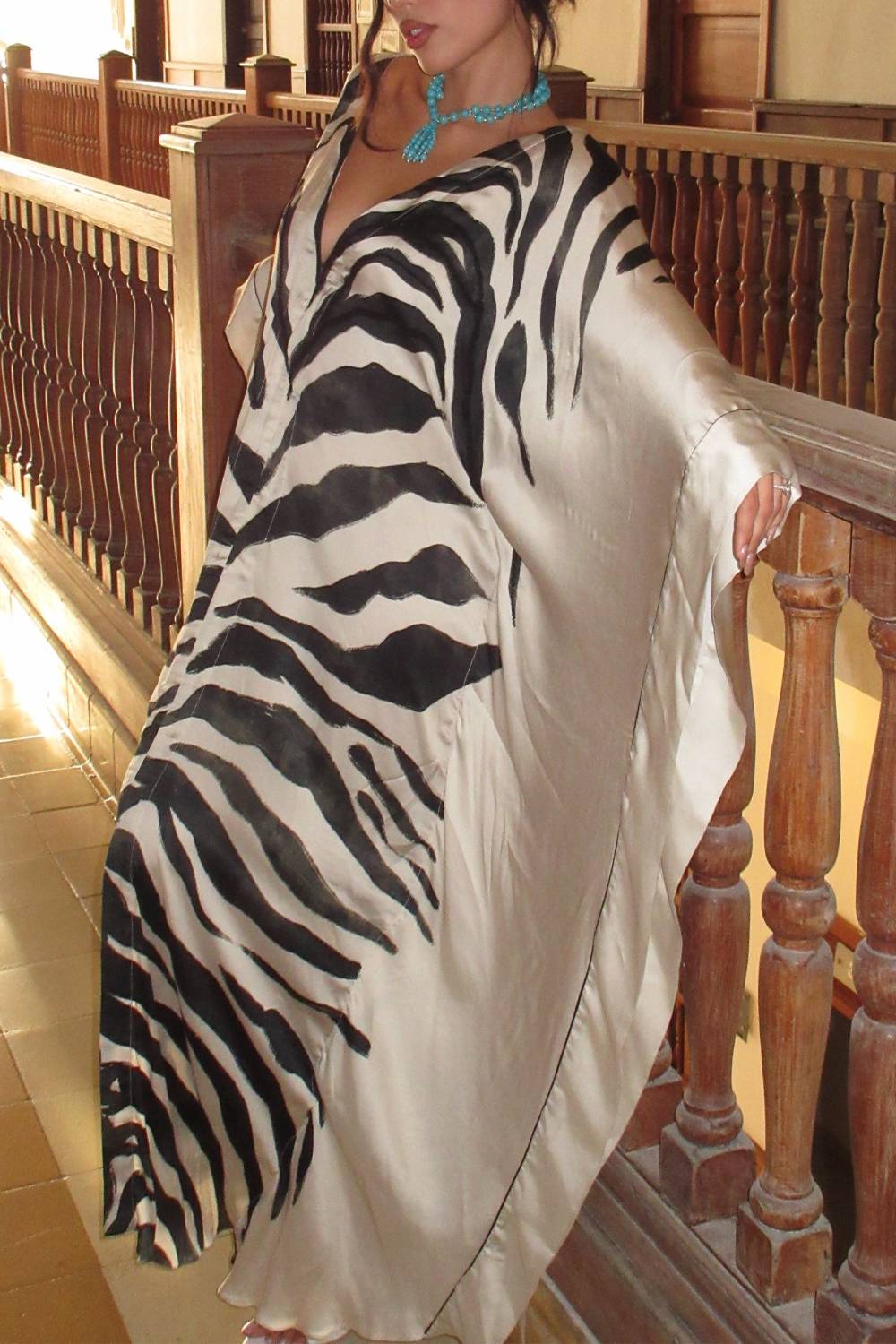 V Neck Batwing Sleeve Zebra Print Satin Maxi Kaftan Dress