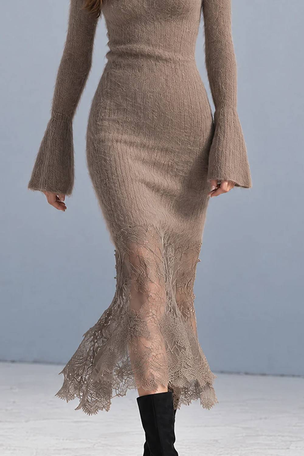 Turtleneck Flare Sleeve Knit Midi Dress With Lace Hem