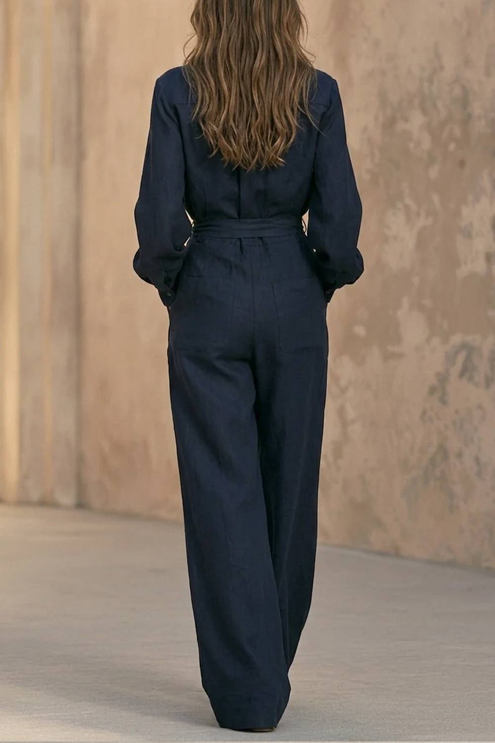 Collared Long Sleeve Belted Wide‑Leg Utility Jumpsuit