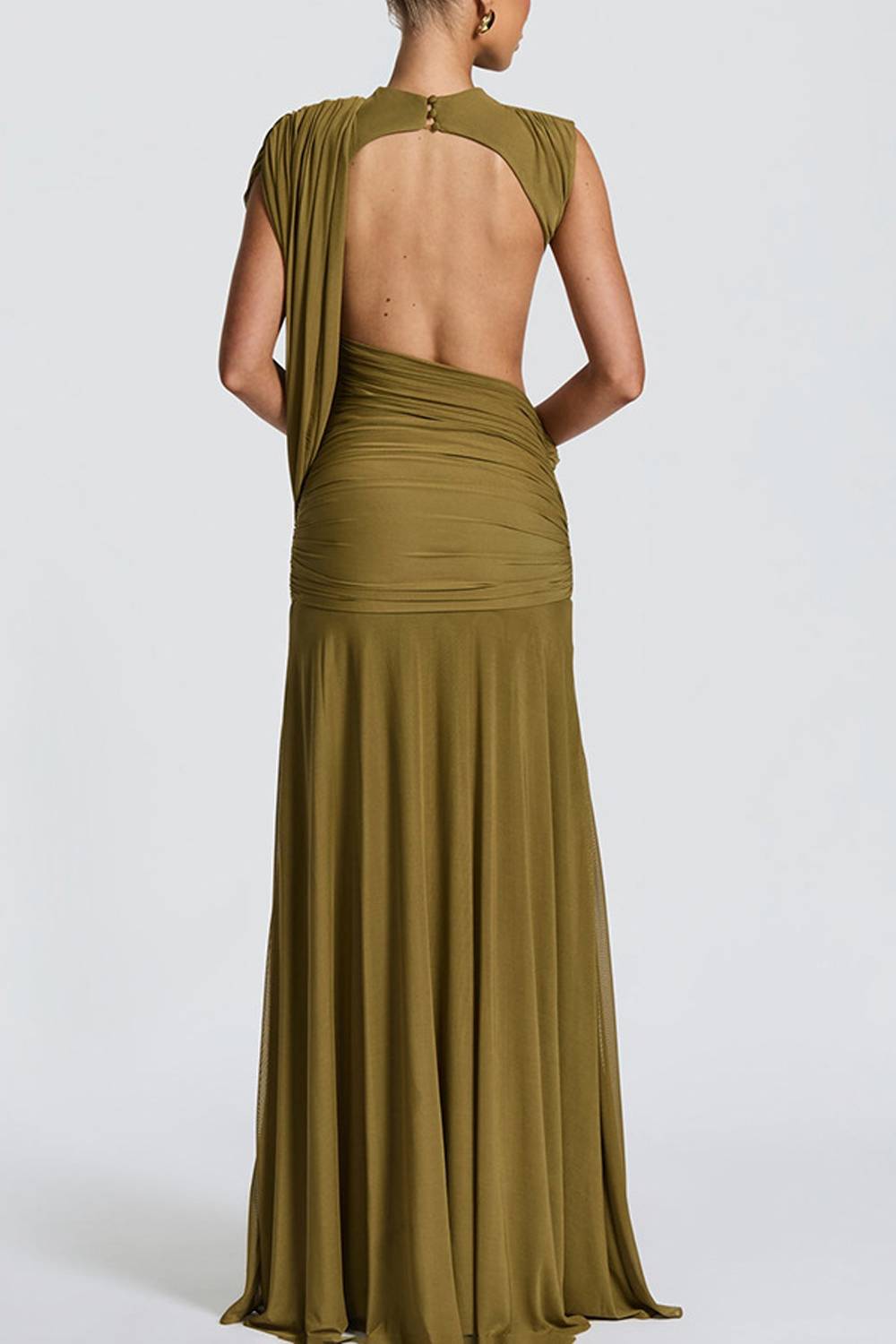 Sleeveless High Neck Draped Cut‑Out Maxi Evening Dress