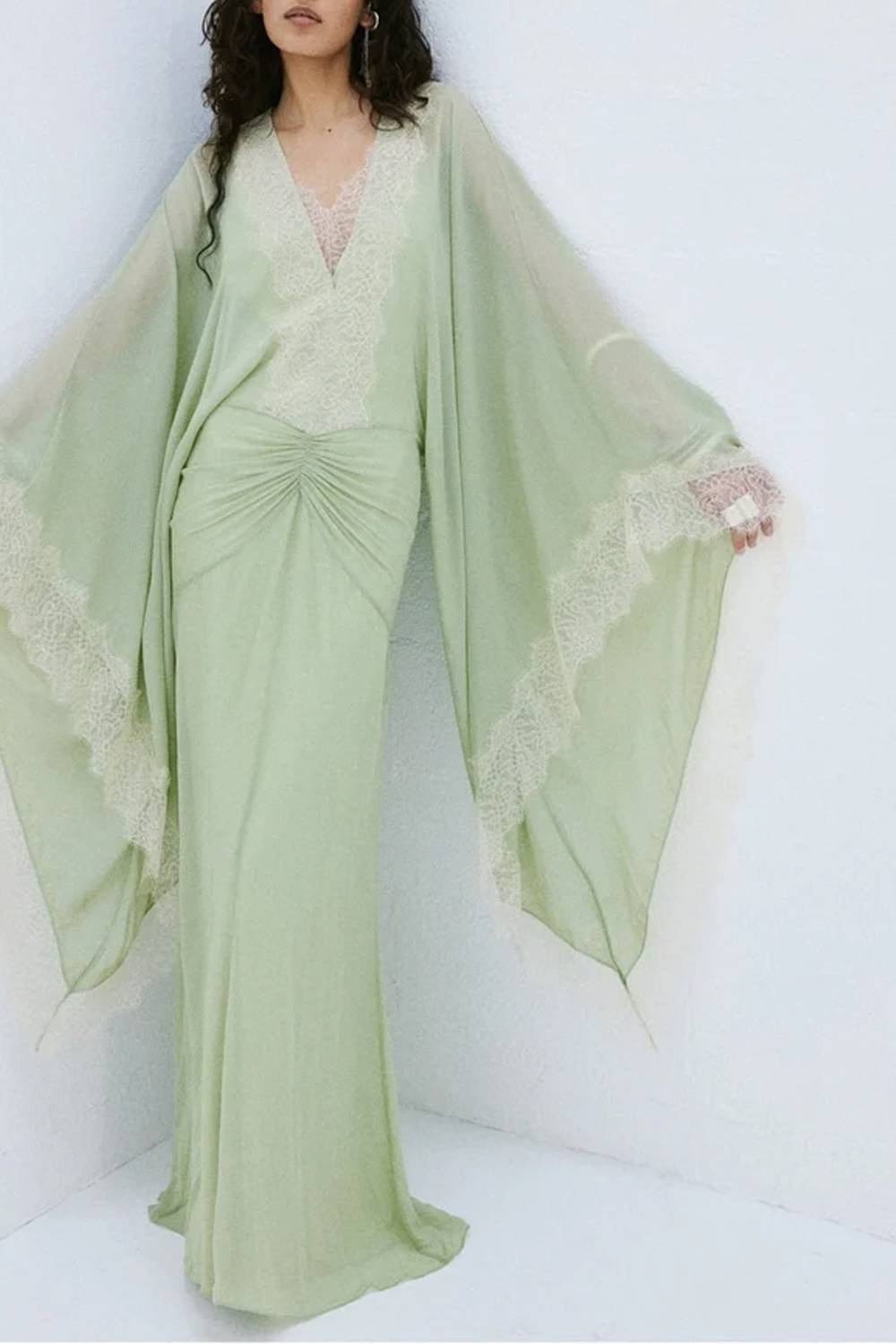 V‑Neck Lace Trim Kimono Sleeve Ruched Maxi Evening Dress
