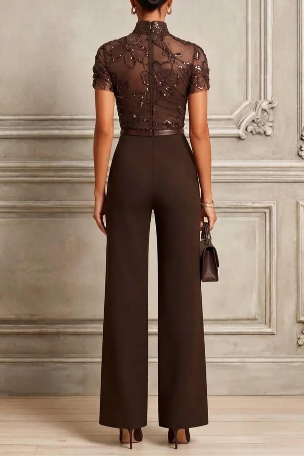 High Neck Short Sleeve Beaded Mesh Wide Leg Jumpsuit with Belt