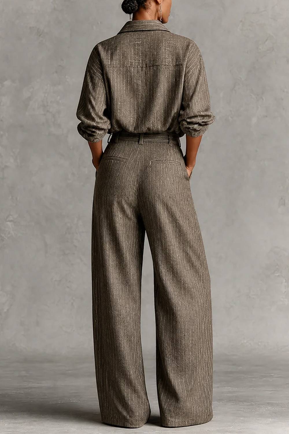 Oversized Striped Button‑Down Shirt & Pleated Wide‑Leg Pants Two‑Piece Set