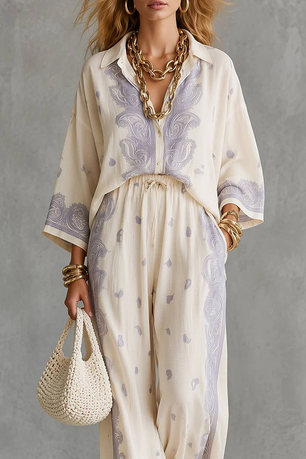 Conjunto vintage de camisa holgada estampada Lar y pantalones de pernera ancha
