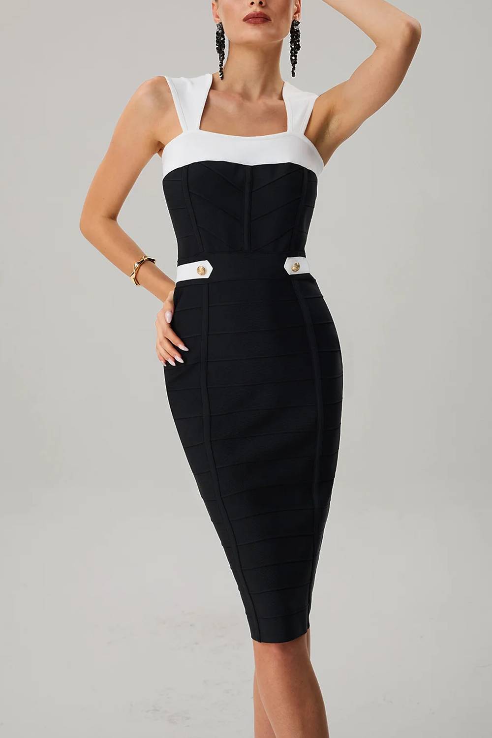 Color Block Sleeveless Metal Button Decor Bodycon Midi Dress