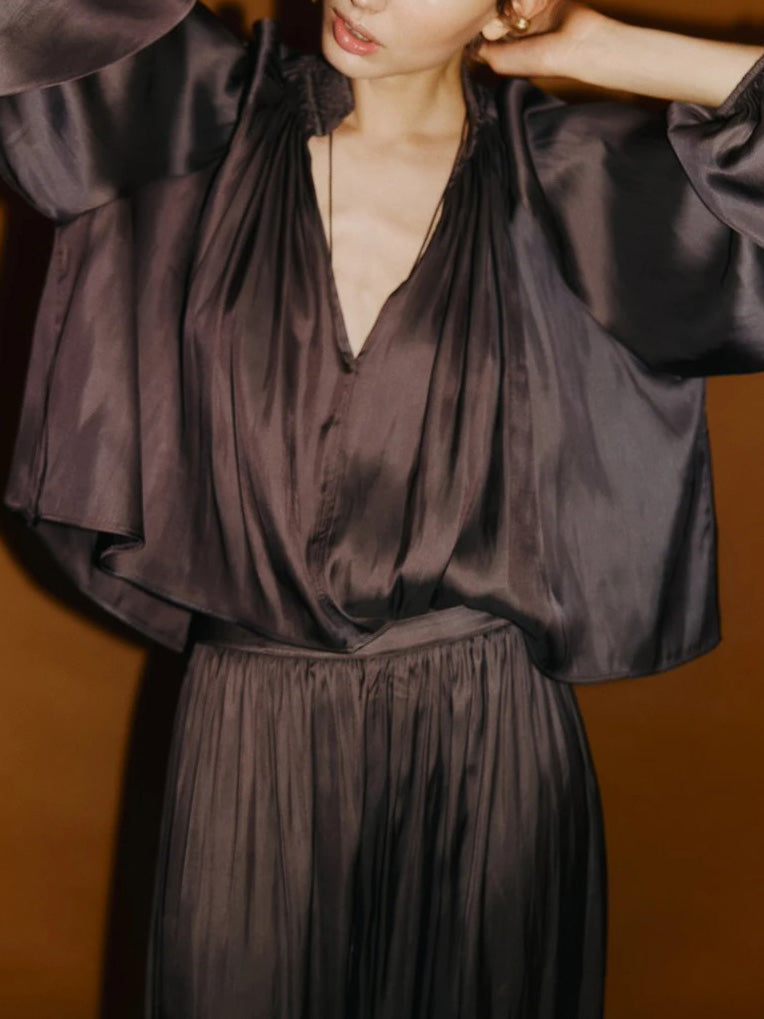 Elegant Satin Long Sleeve Top & Harem Pants Two-Piece Set