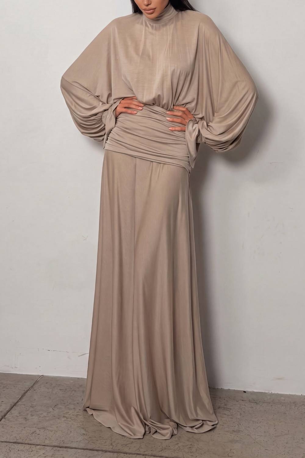 Turtleneck Balloon Sleeve Waist Ruched Draped Maxi Dress