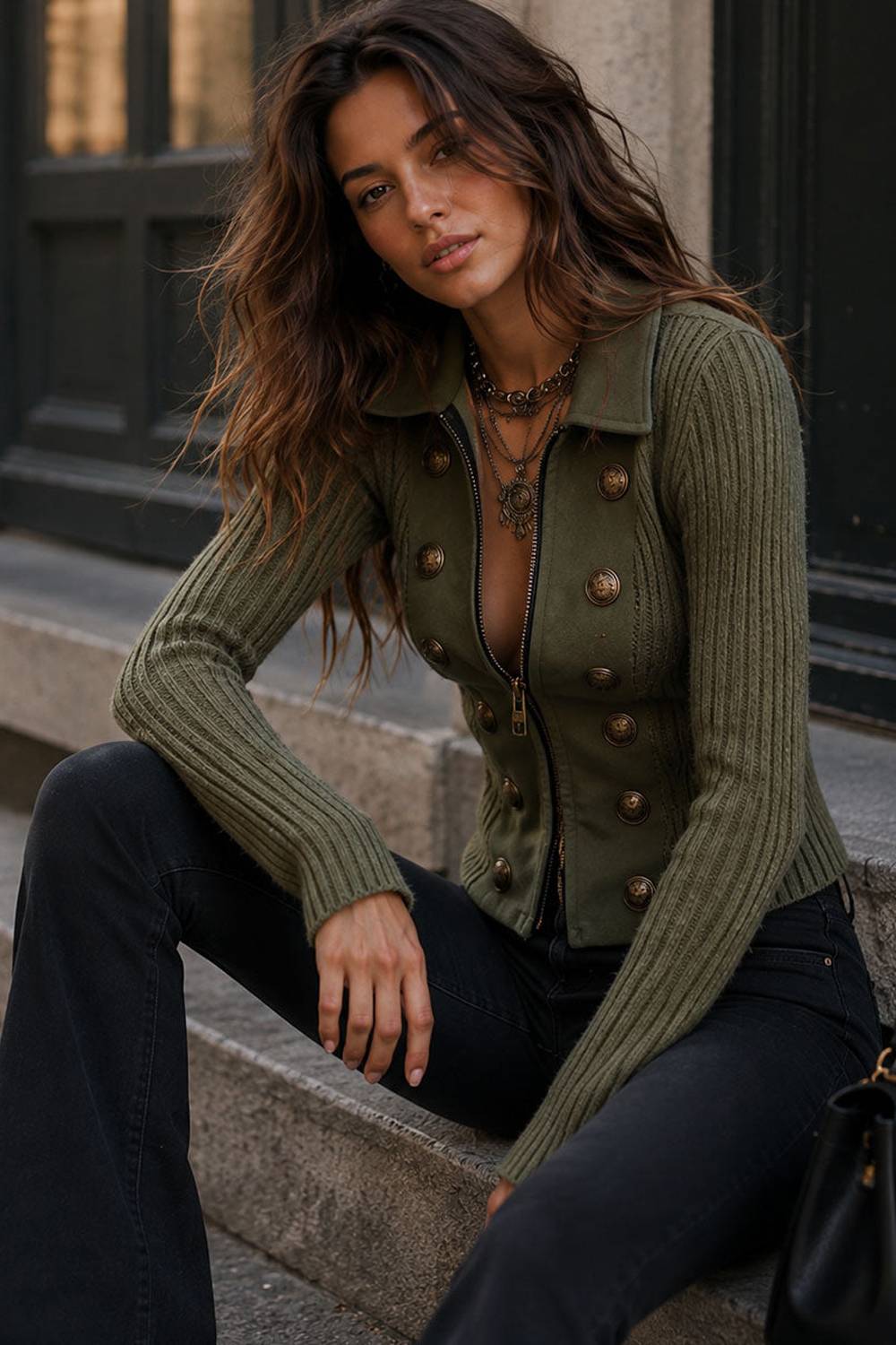 Collared Zip Front Fitted Jacket with Decorative Military Buttons