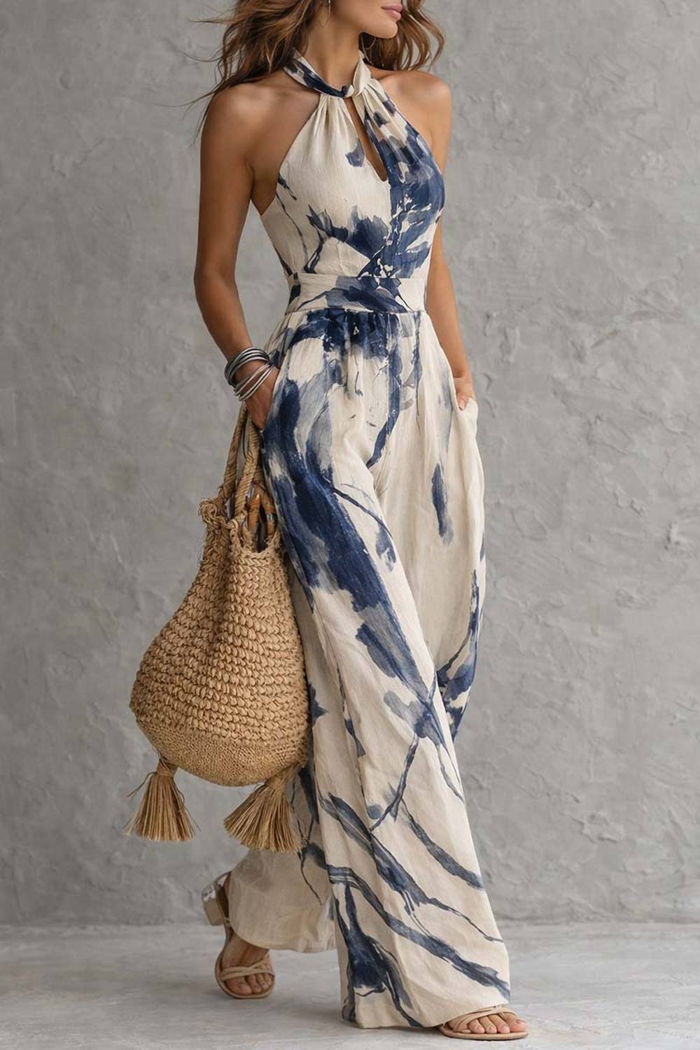 Neck Ink-Print Wide-Leg Jumpsuit