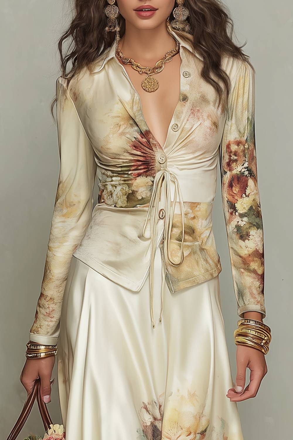 V‑Neck Collared Drawstring‑Tie Floral Print Long Sleeve Top & Flared Midi Skirt Two‑Piece Set
