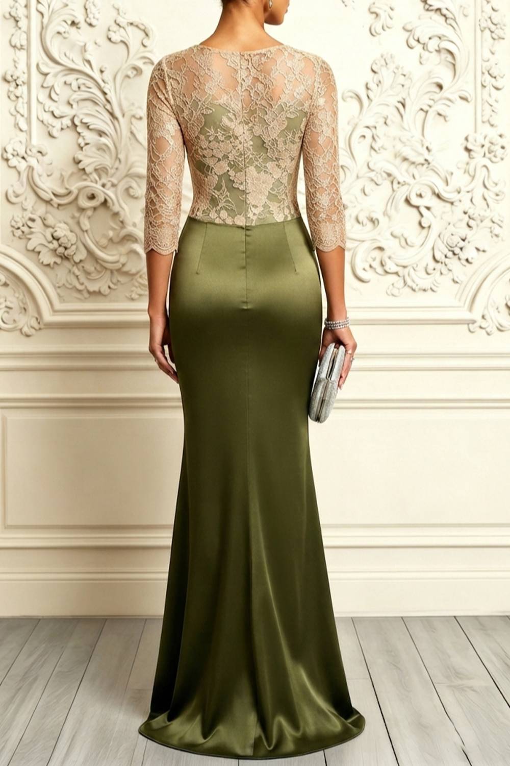 Women V Neck 3/4 Sleeve Lace Satin Mermaid Evening Gown