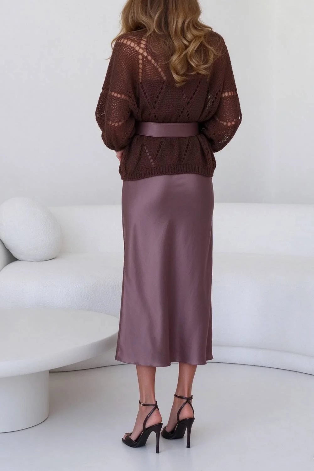 Women Brown Open Knit Balloon Sleeve Cardigan and Satin Midi Dresses Two Piece Set