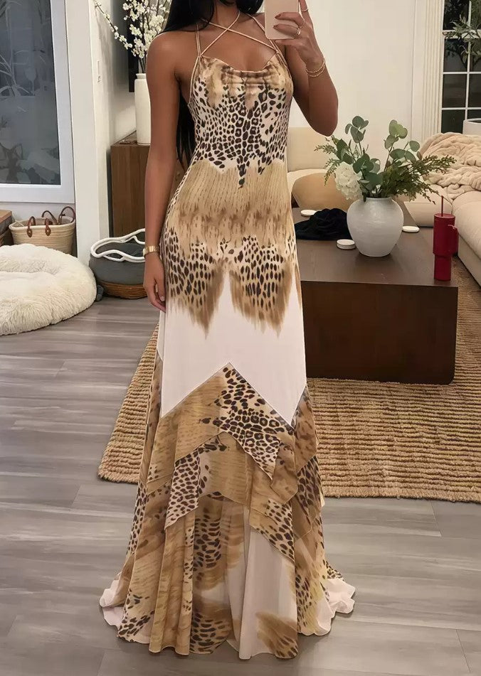 Vestido comprido de férias, largo e assimétrico, com padrão de leopardo e decote cruzado