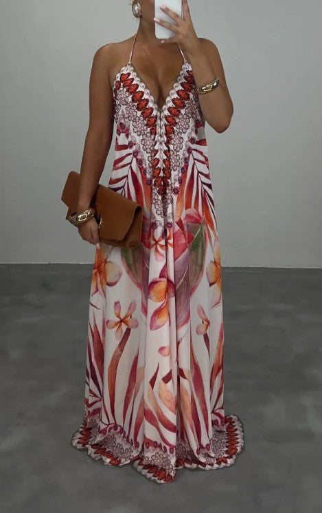 Robe ample de vacances vintage et exotique à imprimé, col en V et bretelles fines