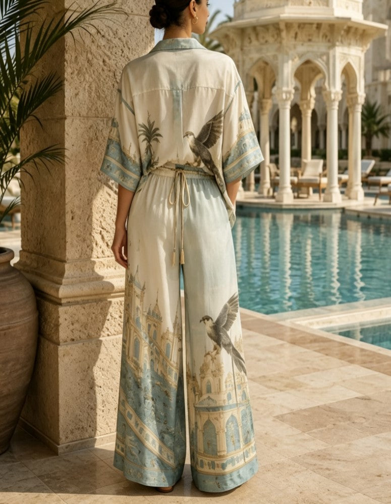 Lässiges Set aus Satin mit Vintage-Architektur- und Vogeldruck, Revers, kurzen Ärmeln und Hose mit weitem Bein