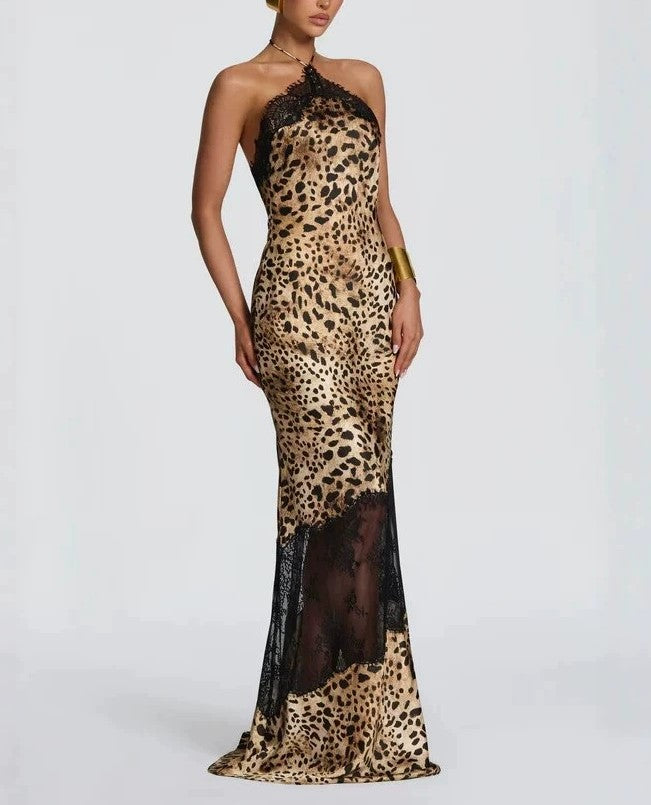 Lace-Neck Leopard-Print Satin Slim-Fit Fishtail Long Dress