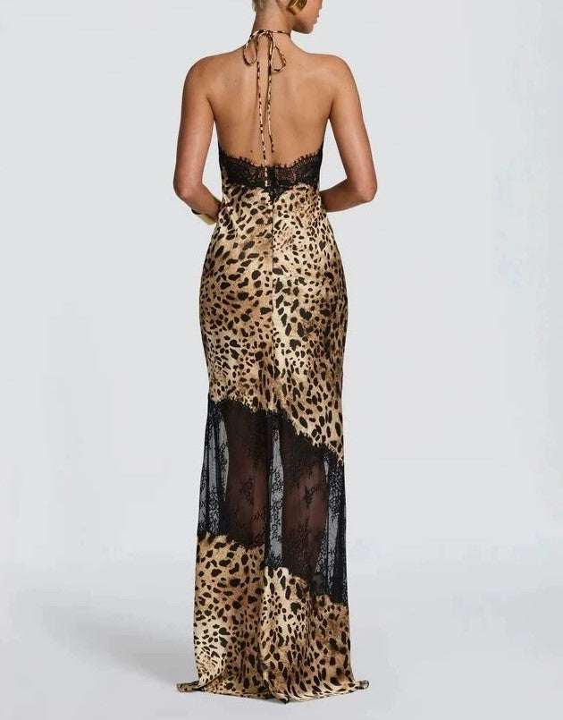 Lace-Neck Leopard-Print Satin Slim-Fit Fishtail Long Dress