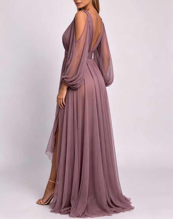 Vestido largo de noche elegante de malla, con hombros descubiertos, escote en V pronunciado, mangas abullonadas, cintura ceñida y abertura alta